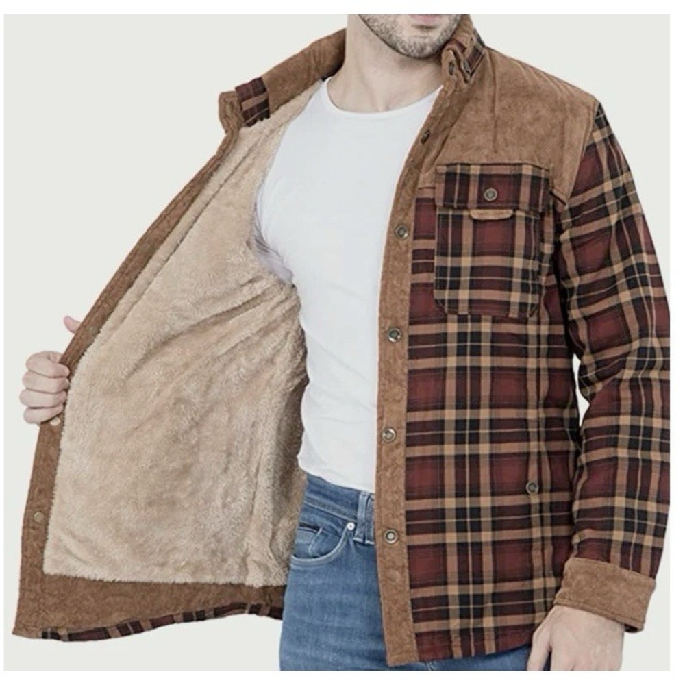 Fashion‎ Plaid Shirts Jacket Fleece Lined Flannel Mens SZ-Small R- Brown